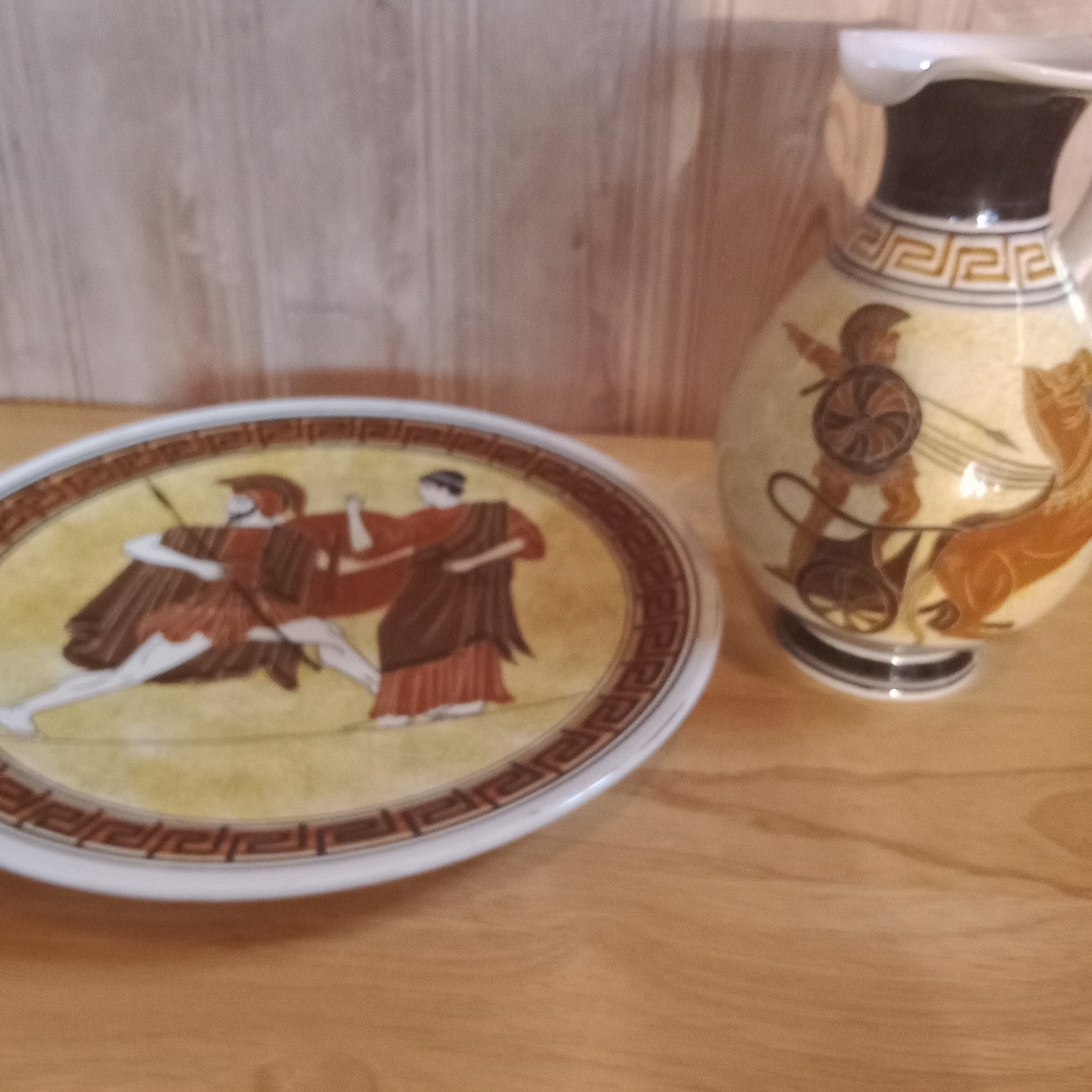 Kutahia Greece Ceramic Wall Plate Hanging With Greek Jug Handmade In Athens
